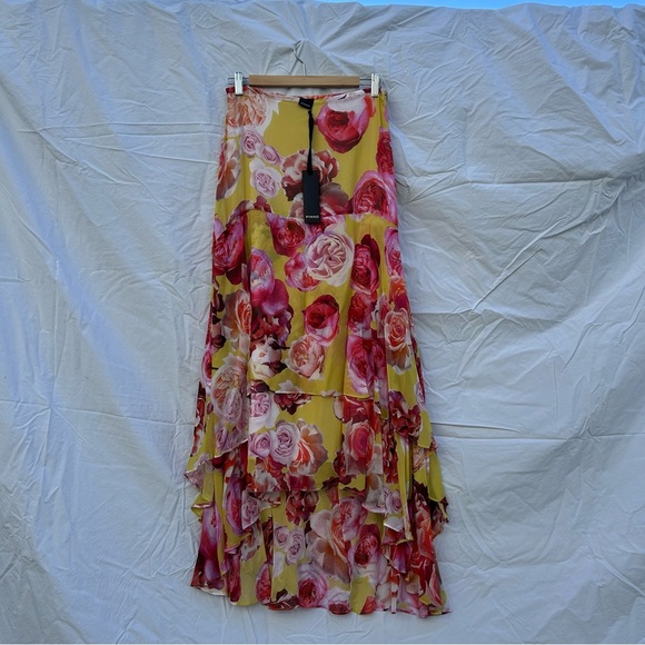 NWT Pinko Bonet High Low Ruffled Skirt Yellow and Pink Floral Size 42 - Picture 2 of 8